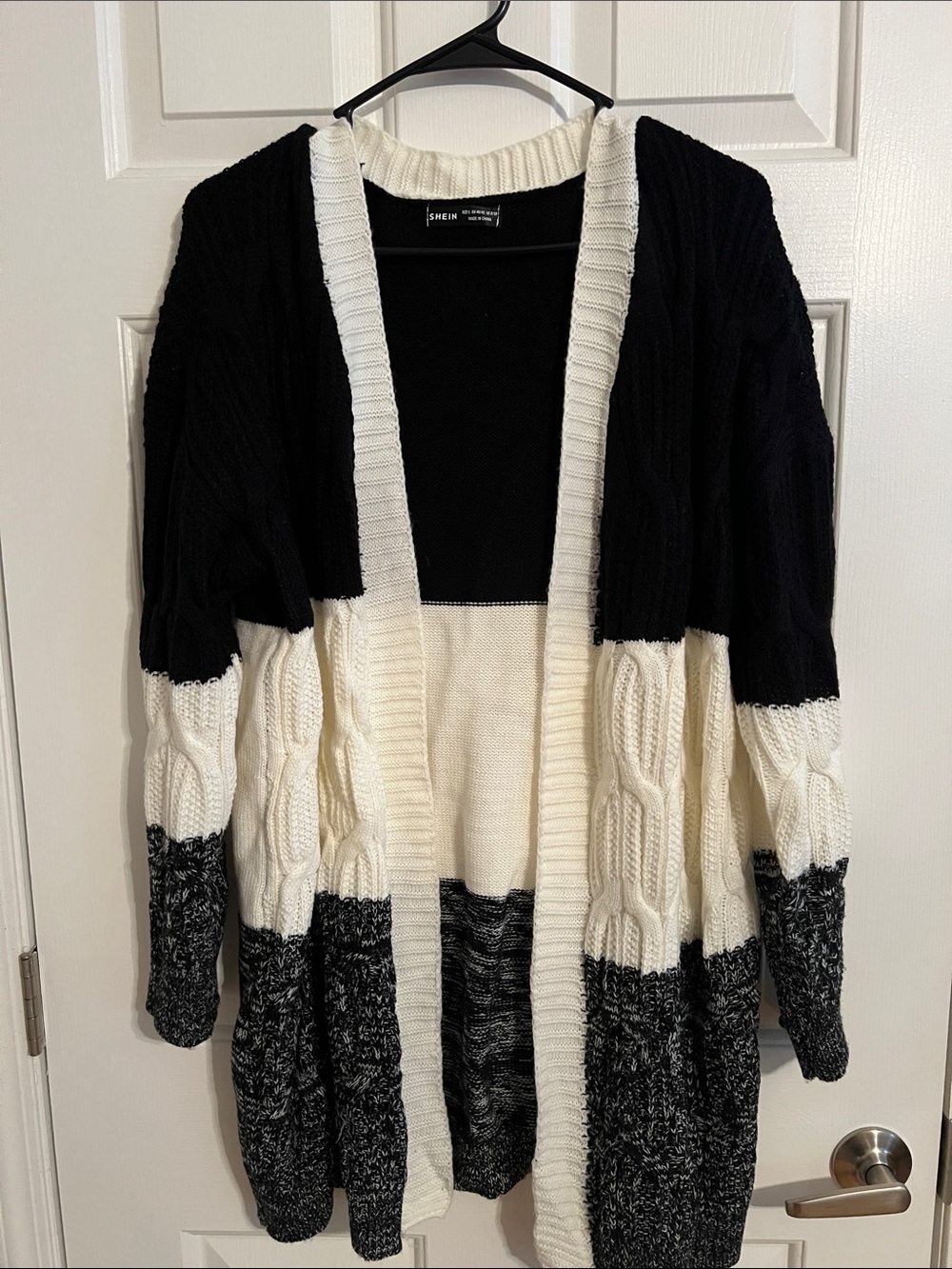 SHEIN Black, Cream & Charcoal Cable Knit Colorblock Cardigan